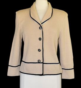 90s St John Collection by Marie Gray Jacket, Taupe Santana Knit Embellished with Palettes, Cropped 