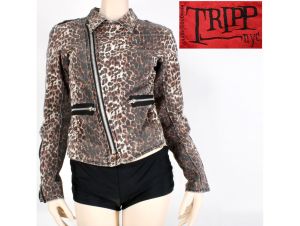 Vintage Y2k TRIPP NYC Denim Leopard Crop Women's Moto Jacket Punk Bondage | XS/S