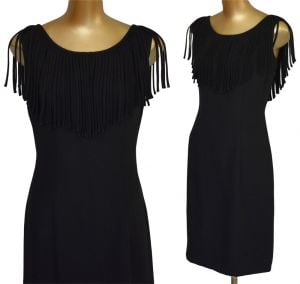 60s Alfred Werber Black Cocktail Dress, Long Self Fringed Bodice, Little Black Dress, LBD, Size M  - Fashionconstellate.com