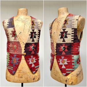 Vintage 1980s Boho Turkish Kilim Vest 80s The Nomadic Collection with Star Motif Weaving