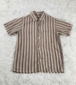 50s/60s Vintage Boy’s Western Striped Shirt, Beige and Red Collared Button Up, Floral Striped
