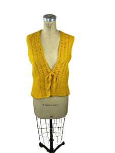 1960s crocheted gold vest with lace up closure Size M/L