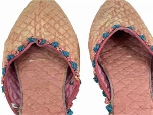 1920s slippers pink silk quilted with blue and pink flower trim Size 7