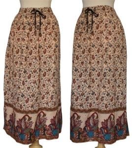 70s East India Block Print Skirt, Indian Cotton Maxi Skirt, Drawstring Waist with Bells
