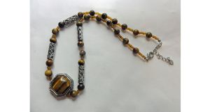 Vintage Necklace Autumn Tone Glass Octagon Cabochon Choker w/Tiger Eye & Silver Tone Filigree Beads