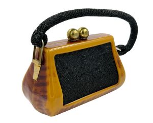 Vintage 1940s 50s Butterscotch Bakelite Handbag Beaded Purse Fre-Mor - Fashionconstellate.com