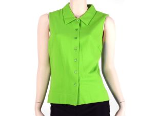 Vintage 1960s Bright Green Sleeveless Button Up Waffle Casual Shirt Top