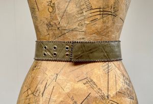 Vintage 1980s Nina Arjani Olive Leather Steampunk Belt Handmade Statement Belt Carved Medieval Metal - Fashionconstellate.com