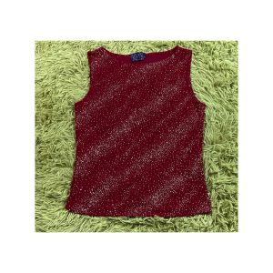 M-L/ Vintage Shiny Red Dance Tank Top, Burgundy Metallic Dance Shirt with Glitter Embellishments