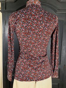 XS/ 70’s Brown Floral Disco Shirt, Nylon Flower Print Button Up Top, Disco/Prairie/Cottagecore/Fairy - Fashionconstellate.com