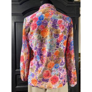 M/ 70’s Colorful Floral Chiffon Blouse, Impressionist Flower Print Top, Classy Chic Long Sleeve - Fashionconstellate.com