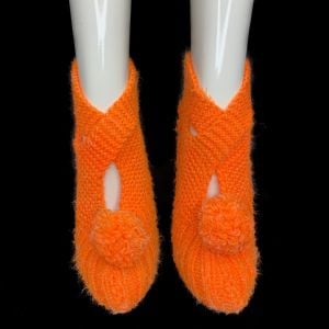 Vintage 50s Bright Orange Crochet Knit Soft Sole Pom Pom Bootie Slippers | Fits Sizes 6-9 - Fashionconstellate.com