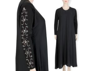 Vintage 50s Black Goth Rhinestone Long Sleeve Dressing Gown Night Dress | L/XL