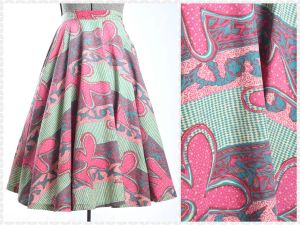 1950s Full Circle Skirt | Vintage Harlequin Abstract Pink Teal Floral Coral by The Country Store | M