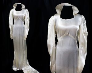 1930s Wedding Dress with Train - Hollywood Glamour 30s 40s Ivory Bias Cut Satin Bridal Gown
