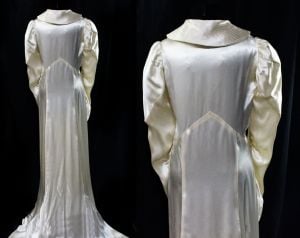 1930s Wedding Dress with Train - Hollywood Glamour 30s 40s Ivory Bias Cut Satin Bridal Gown - Fashionconstellate.com