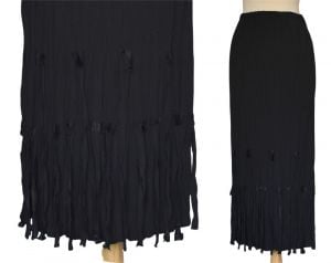 90s Black Rayon Crepe Skirt, Self Fabric Fringed Maxi Skirt, Crinkle Rayon Skirt, Bohemian Boho
