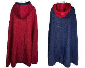 Vintage Reversible Hooded Cape Red Blue Wool Jacquard Loomed One Size - Fashionconstellate.com
