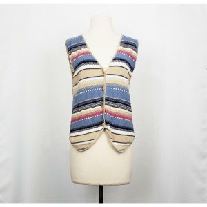 80s Sweater Vest Tan Pink Blue Stripe Cotton Button Front by Brand New| Vintage Misses S/M
