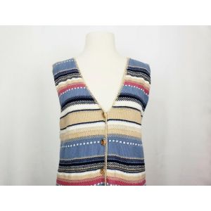 80s Sweater Vest Tan Pink Blue Stripe Cotton Button Front by Brand New| Vintage Misses S/M - Fashionconstellate.com