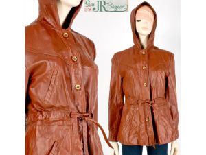 Vintage 1960s Sears Jr Bazaar Rust Orange Leather Jacket Coat Belted Hood 60s | S/M