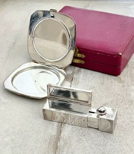 1940s Japan 1950 sterling silver compact & lipstick case, gift for her, travel mirror, 1950s Mt Fuji
