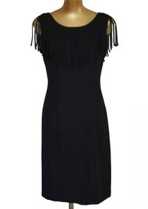 60s Alfred Werber Black Cocktail Dress, Long Self Fringed Bodice, Little Black Dress, LBD, Size M 