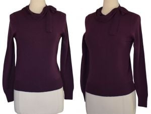 60s Dalkeith Eggplant Purple Pullover Sweater With Novelty Collar, Merino Wool, Made in England