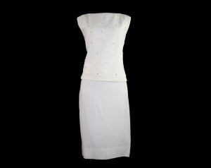 1950s Bombshell Dress - Size 10 White Crepe Cocktail Top & Skirt - 50s Marilyn Chic - Rhinestones  - Fashionconstellate.com