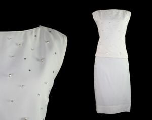 1950s Bombshell Dress - Size 10 White Crepe Cocktail Top & Skirt - 50s Marilyn Chic - Rhinestones 