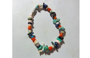 Vintage 90s Gemstone Turquoise Chips Beaded Bracelet Coral, MOP OOAK Small 6 3/8''