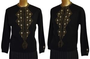 50s Hand Beaded Black Cardigan Sweater Angora Blend Cardigan 3-D Floral Design Dangling Faux Pearls