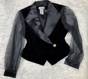 M-L/ 80’s Black Velvet Blazer with Sheer Sleeves, Flattering Black Velvet Bolero with Lapel Collar