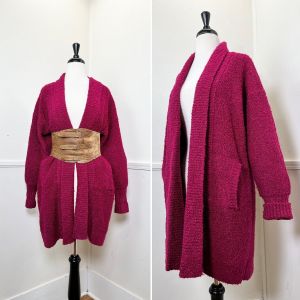 Small to Large | 1980's Vintage Raspberry Bouclé Knit Cardigan | Labeled Small | Pockets