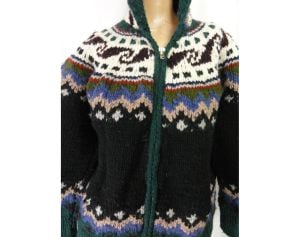 Vintage Ski Sweater Jacket Chunky Hand Knit Cardigan Hoodie Front Zipper Made in Ecuador - Fashionconstellate.com