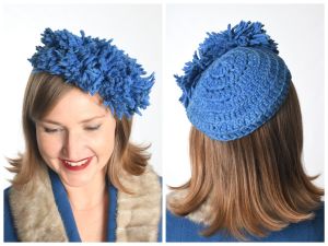 1940s Hat |  Vintage 40s Pom Pom Tilt Crocheted Hat | Blue Yarn | Genuine Handmade 1940s Winter Hat