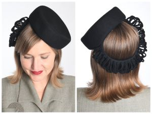 Vintage 40s Frilled Ring Pill Box Tilt Black Felted Wool Winter Hat |New York Creations
