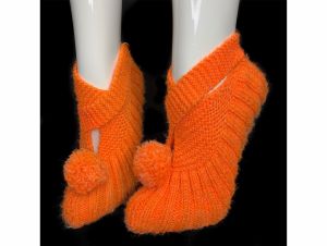 Vintage 50s Bright Orange Crochet Knit Soft Sole Pom Pom Bootie Slippers | Fits Sizes 6-9