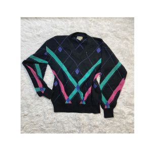M/ 80’s Abstract Argyle Sweatshirt by Izod, Black Color Block Sweater, Women’s 90’s Streetwear