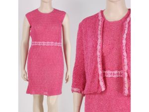 L XL Vintage 50s Pink Ribbon Crochet Rayon Dress Jacket Pin Up Set Volup