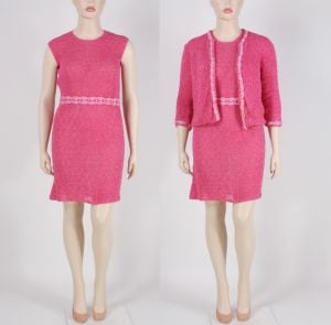 L XL Vintage 50s Pink Ribbon Crochet Rayon Dress Jacket Pin Up Set Volup - Fashionconstellate.com