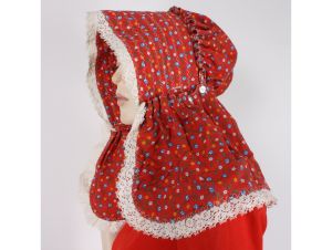 Vintage Red Calico Floral Cottagecore Prairie Sun Bonnet Hat Sissy Long Neck