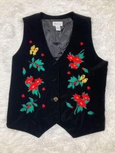 XL/ Christmas Vest with Poinsettias and Holly, Black Velvet Holiday Vest with Embroidery, Winter