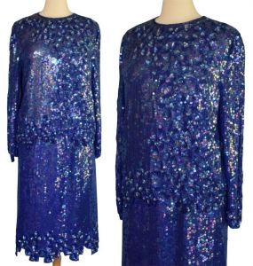 90s Sequined and Beaded Silk Blouse and Skirt Set, Royal Blue Scalloped Top and Skirt Ensemble