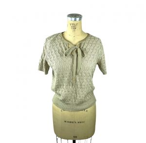 1970s cable knit pointelle sweater top in khaki beige with tie neck Size M