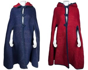 Vintage Reversible Hooded Cape Red Blue Wool Jacquard Loomed One Size