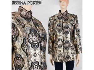 Vintage 90s Size 8 Regina Porter Metallic Gold Brocade Jacket Asian Mandarin Nehru | M 