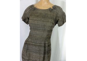 Vintage 50s Dress Suit Cropped Jacket and Sheath Dress Brown Tweed Made in Hong Kong - Fashionconstellate.com