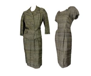 Vintage 50s Dress Suit Cropped Jacket and Sheath Dress Brown Tweed Made in Hong Kong