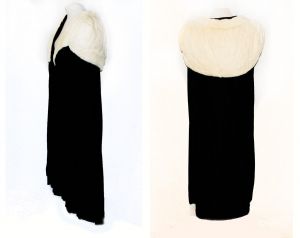 1920s 30s Black Velvet Cape with White Fur Collar - Size Small Medium Authentic Winter Evening Wrap